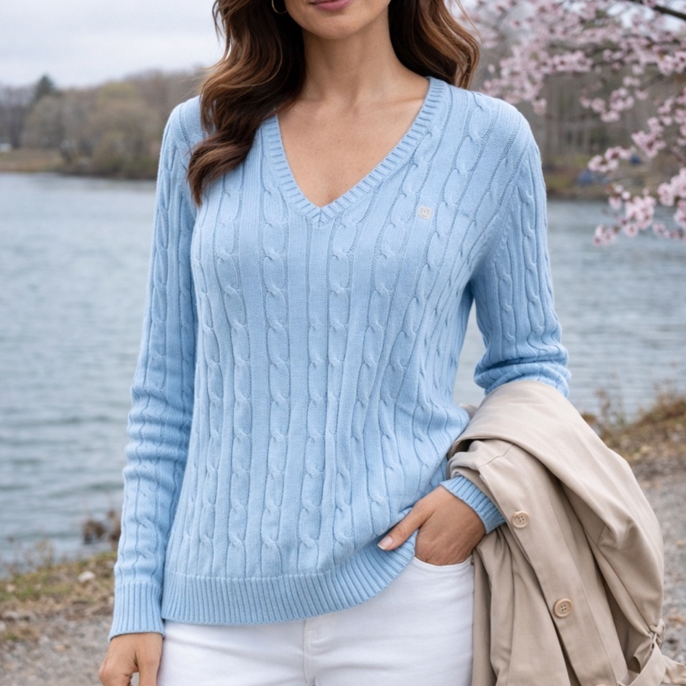 Blue V-Neck Cable Knit Sweater